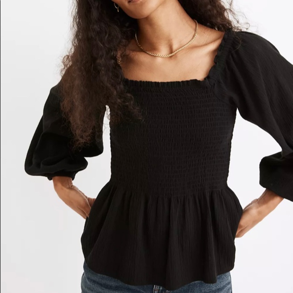 Madewell Black Lucie Smocked Peplum Top / NWT / Size 0